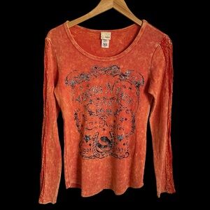 Daytrip Buckle Medium Orange Thermal Graphic Top Crochet Sleeve Young N Free